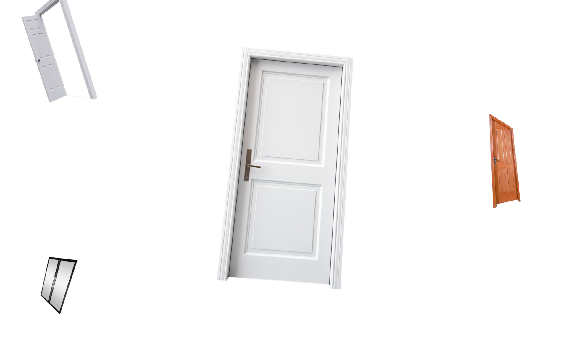 There are four doors floating in space. They are at varying angles and distances. The one that appears closest is a white paneled door, centered on the webpage.